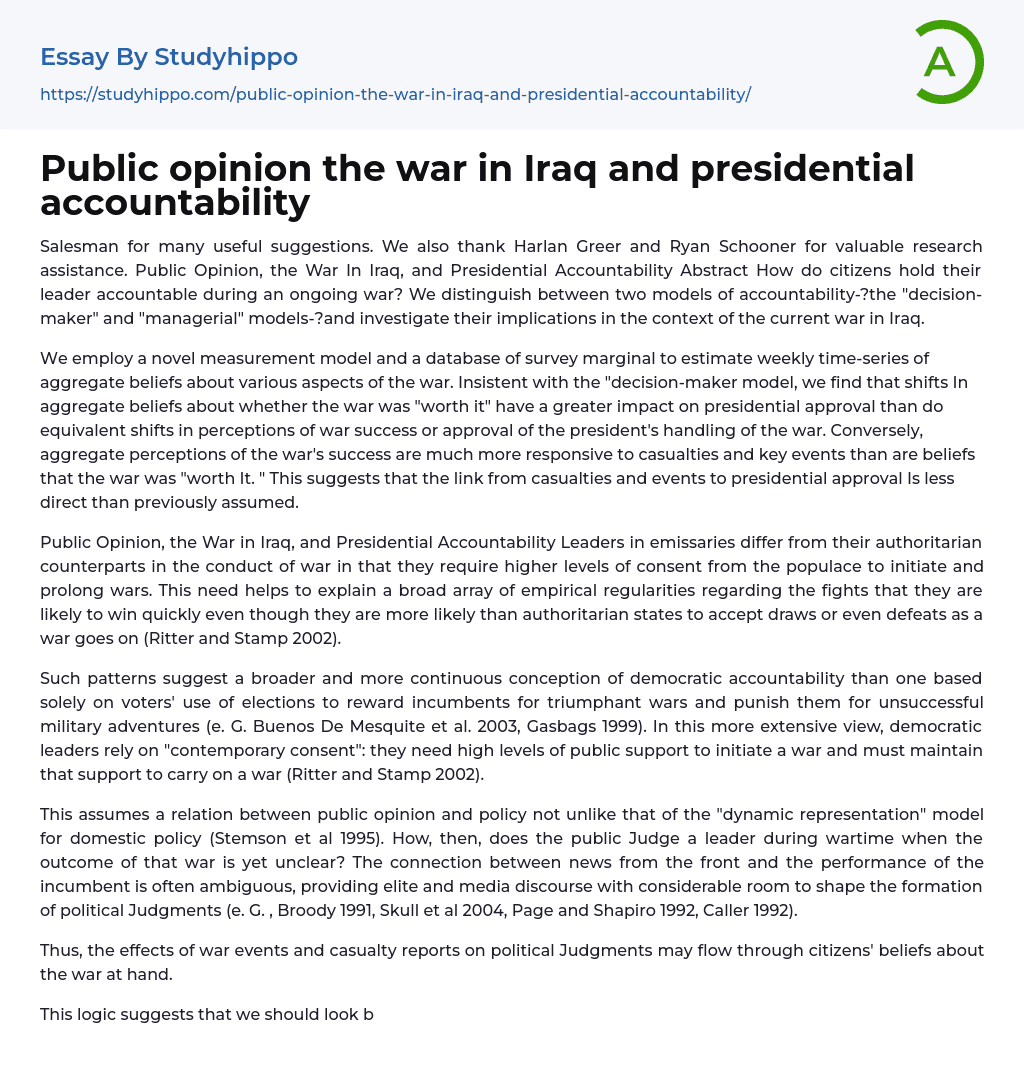 Public opinion the war in Iraq and presidential accountability Essay Example