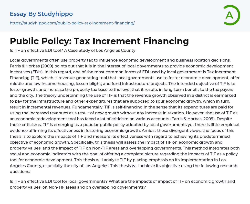 Public Policy: Tax Increment Financing Essay Example