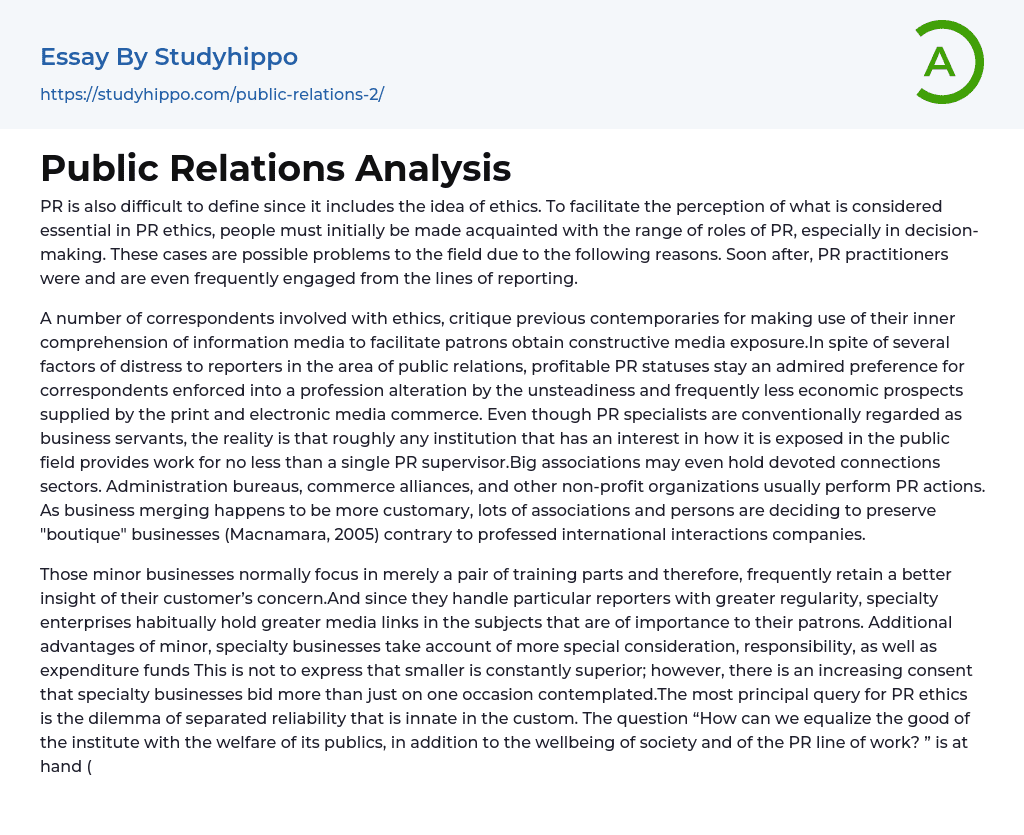 Public Relations Analysis Essay Example