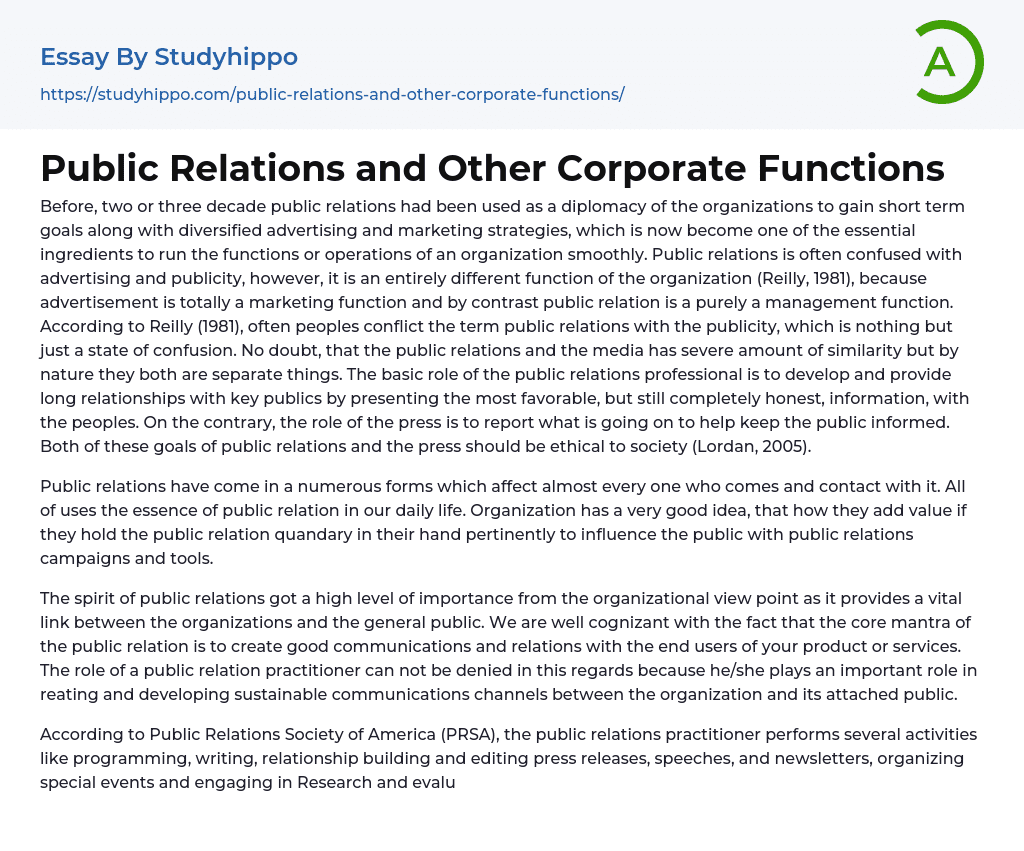 Public Relations and Other Corporate Functions Essay Example