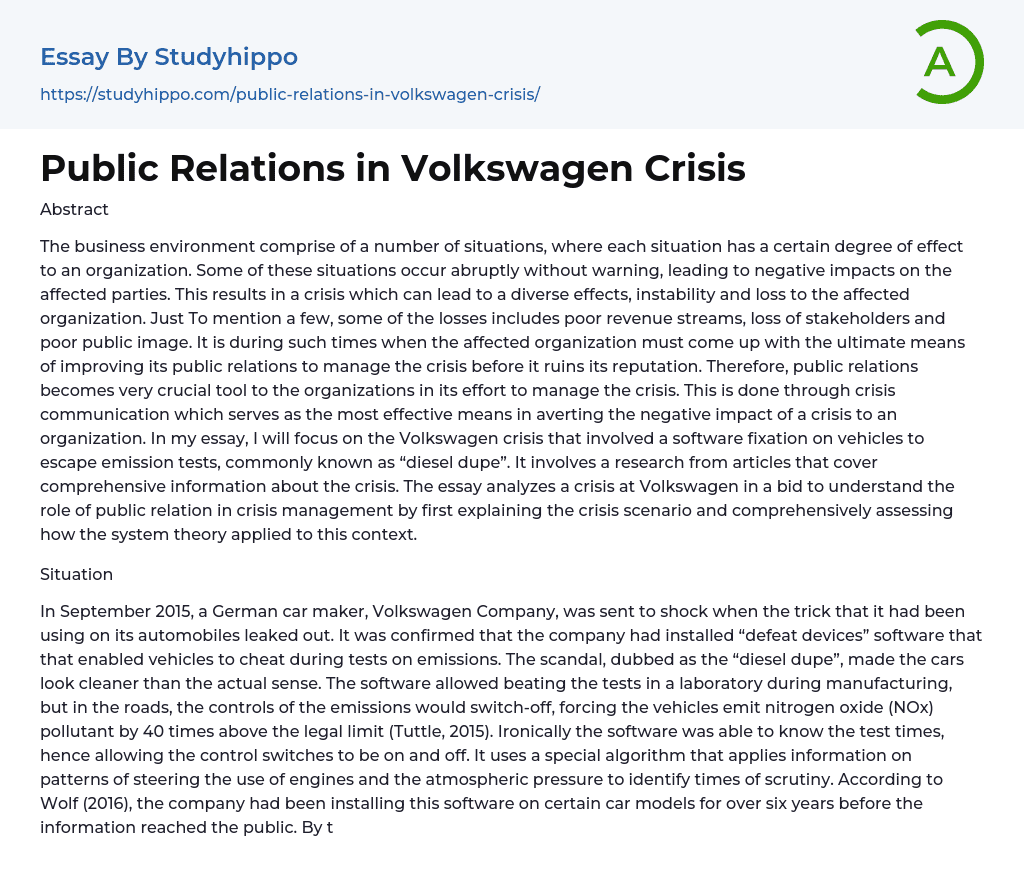 Public Relations in Volkswagen Crisis Essay Example