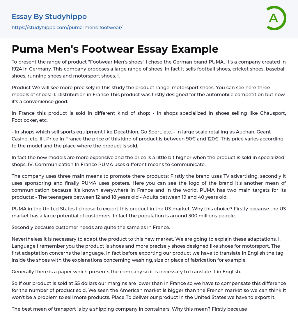 Puma Men’s Footwear Essay Example