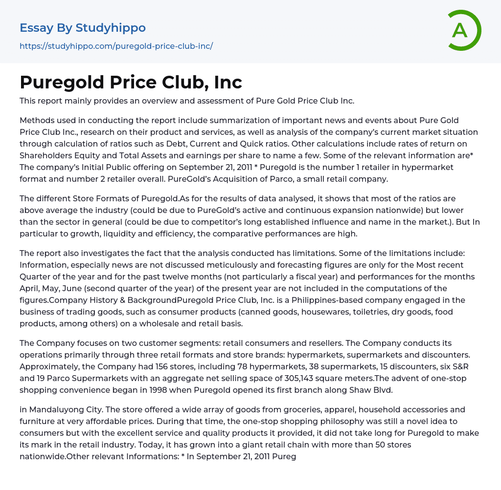 Puregold Price Club, Inc Essay Example