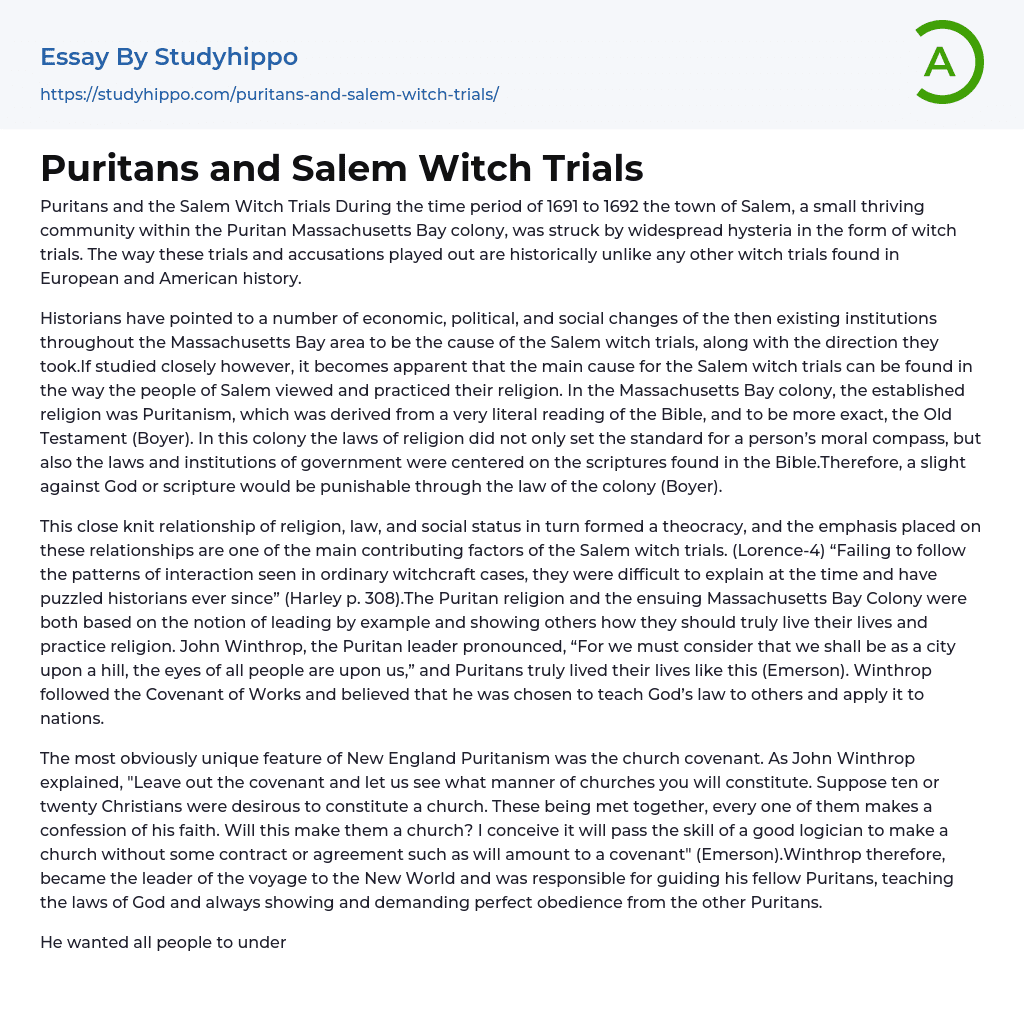 Puritans and Salem Witch Trials Essay Example