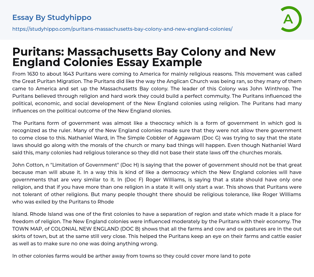 Puritans: Massachusetts Bay Colony and New England Colonies Essay Example