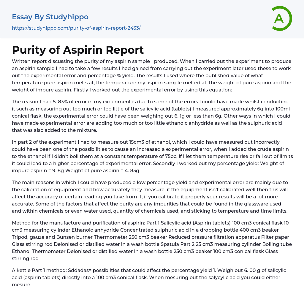 Purity of Aspirin Report Essay Example