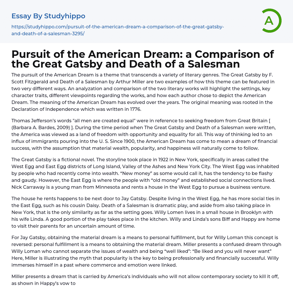 the great gatsby and death of a salesman comparison essay