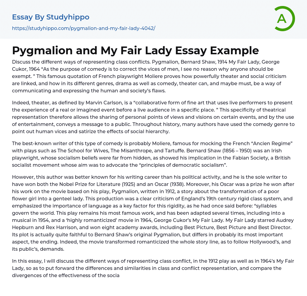 Pygmalion and My Fair Lady Essay Example