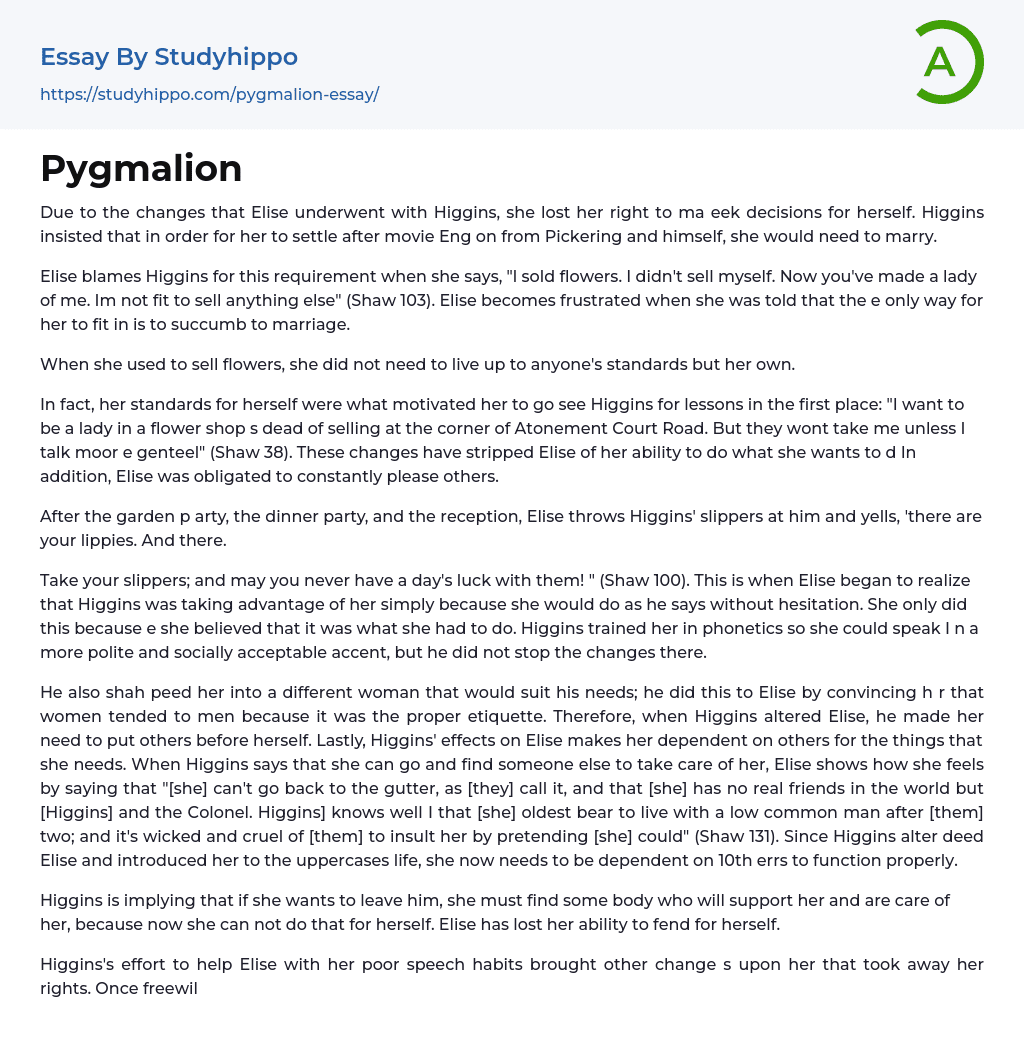 Pygmalion Essay Example