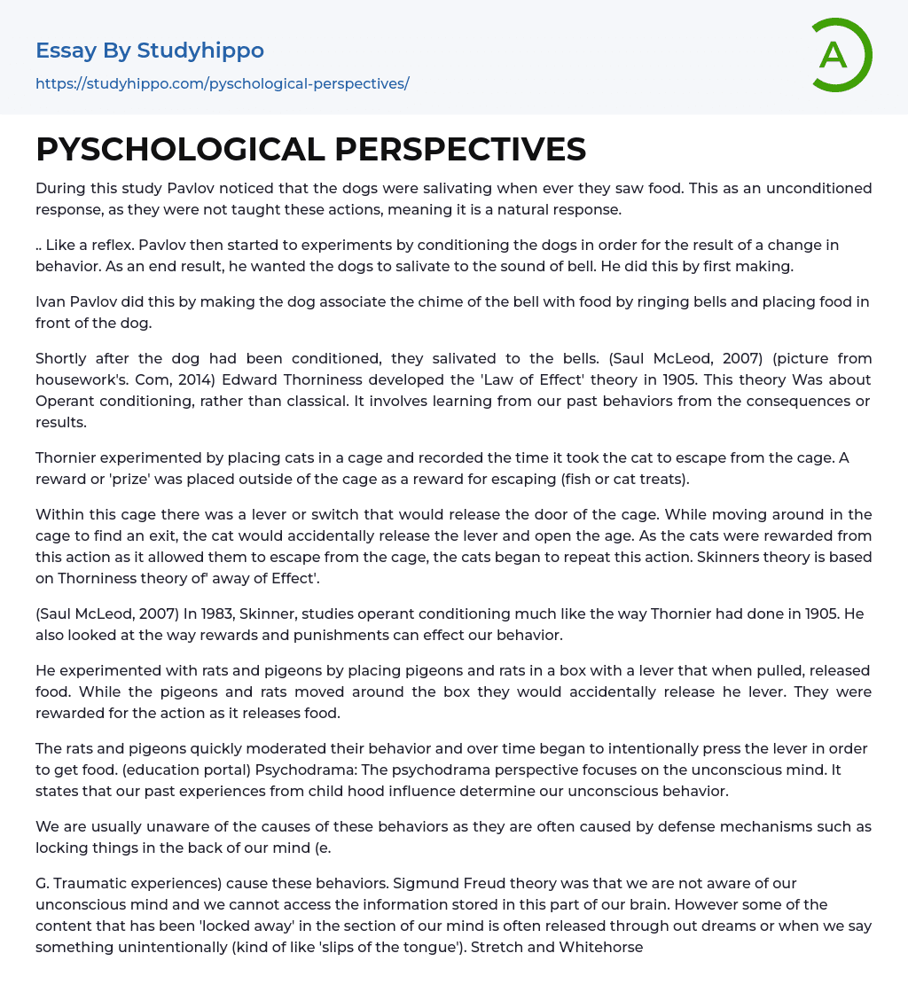 PYSCHOLOGICAL PERSPECTIVES Essay Example
