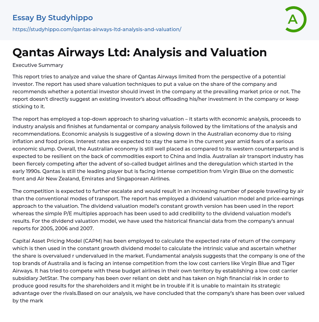 Qantas Airways Ltd: Analysis and Valuation Essay Example