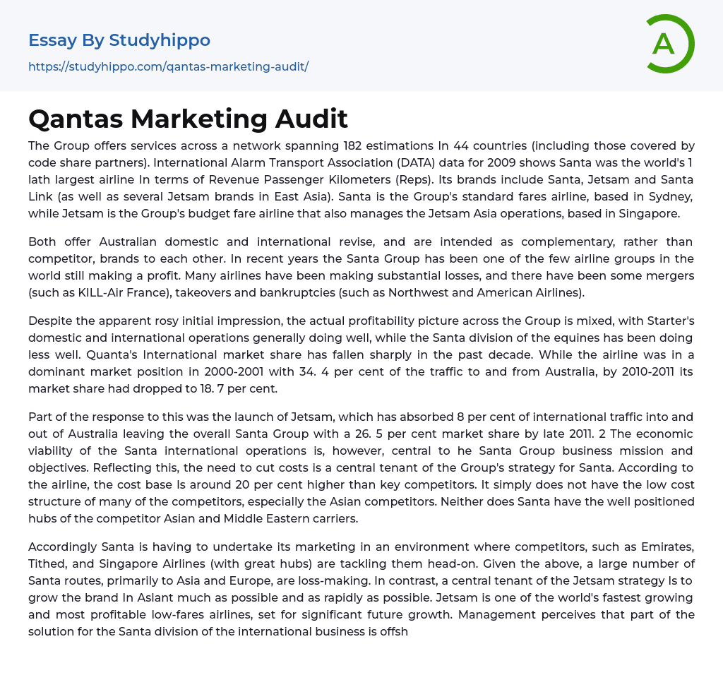 Qantas Marketing Audit Essay Example
