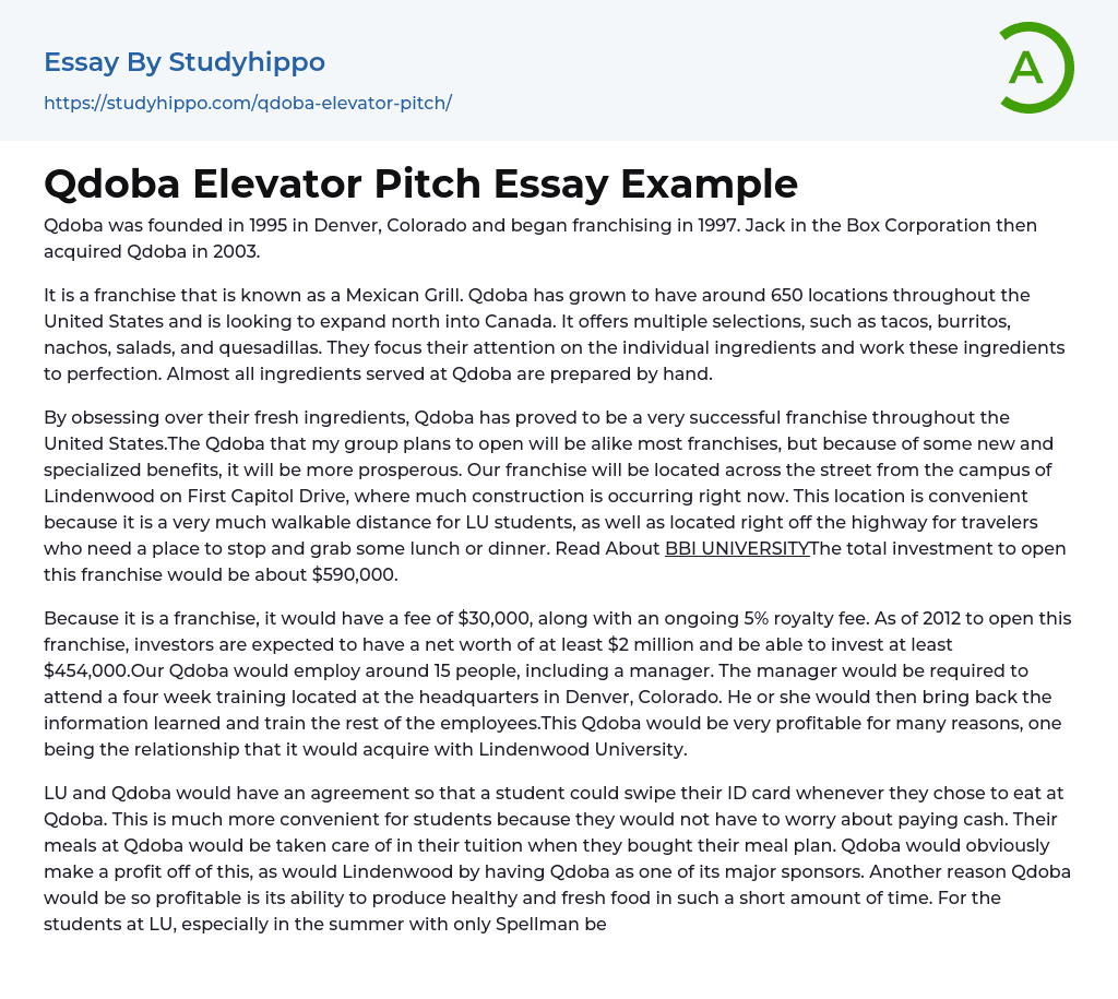 Qdoba Elevator Pitch Essay Example