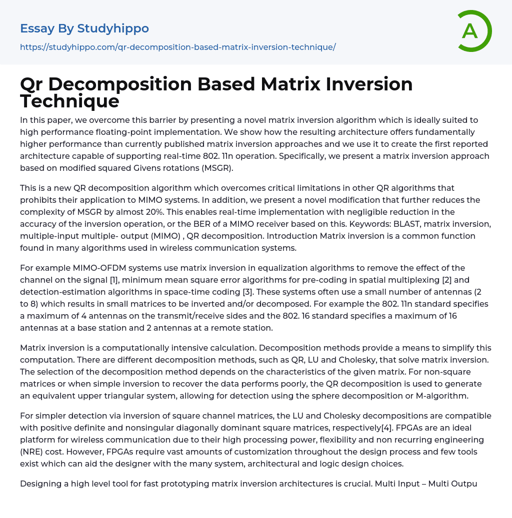 Qr Decomposition Based Matrix Inversion Technique Essay Example