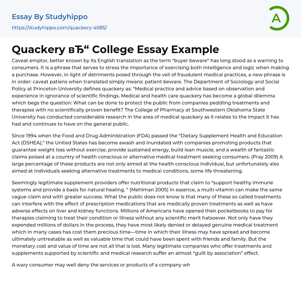 Quackery College Essay Example