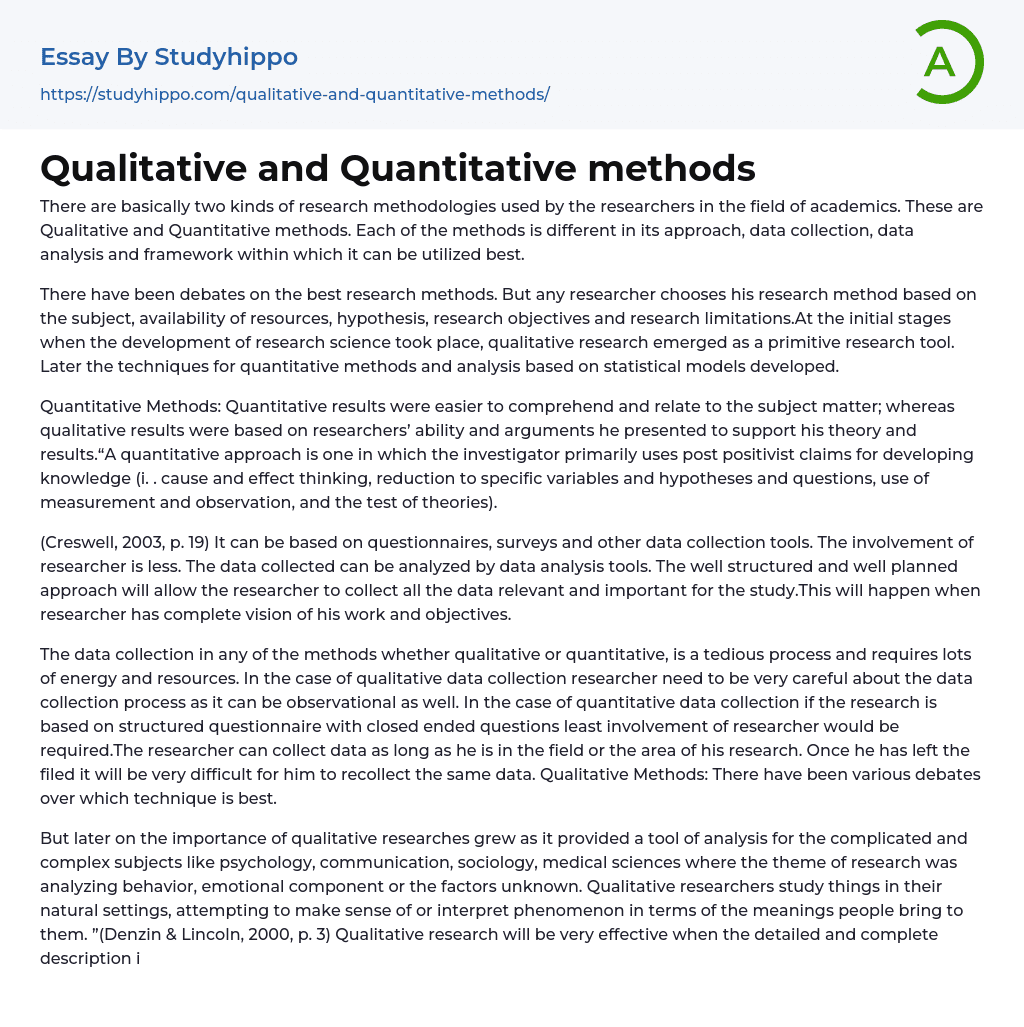 Qualitative and Quantitative methods Essay Example