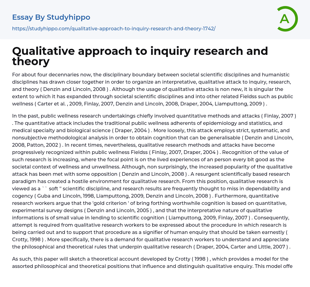 Qualitative approach to inquiry research and theory Essay Example