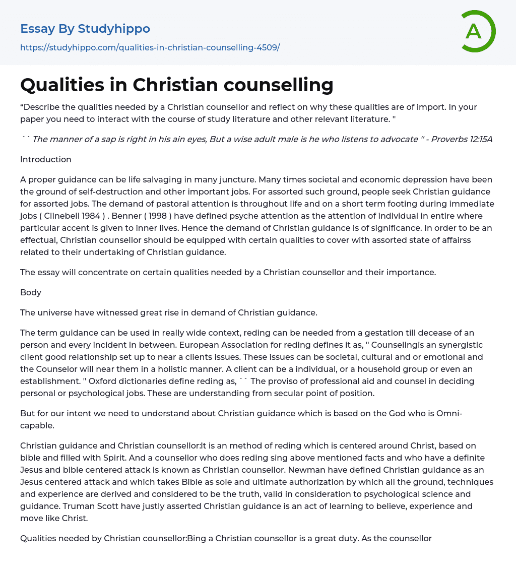 Qualities in Christian counselling Essay Example