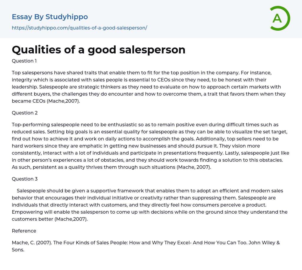 Qualities of a good salesperson Essay Example