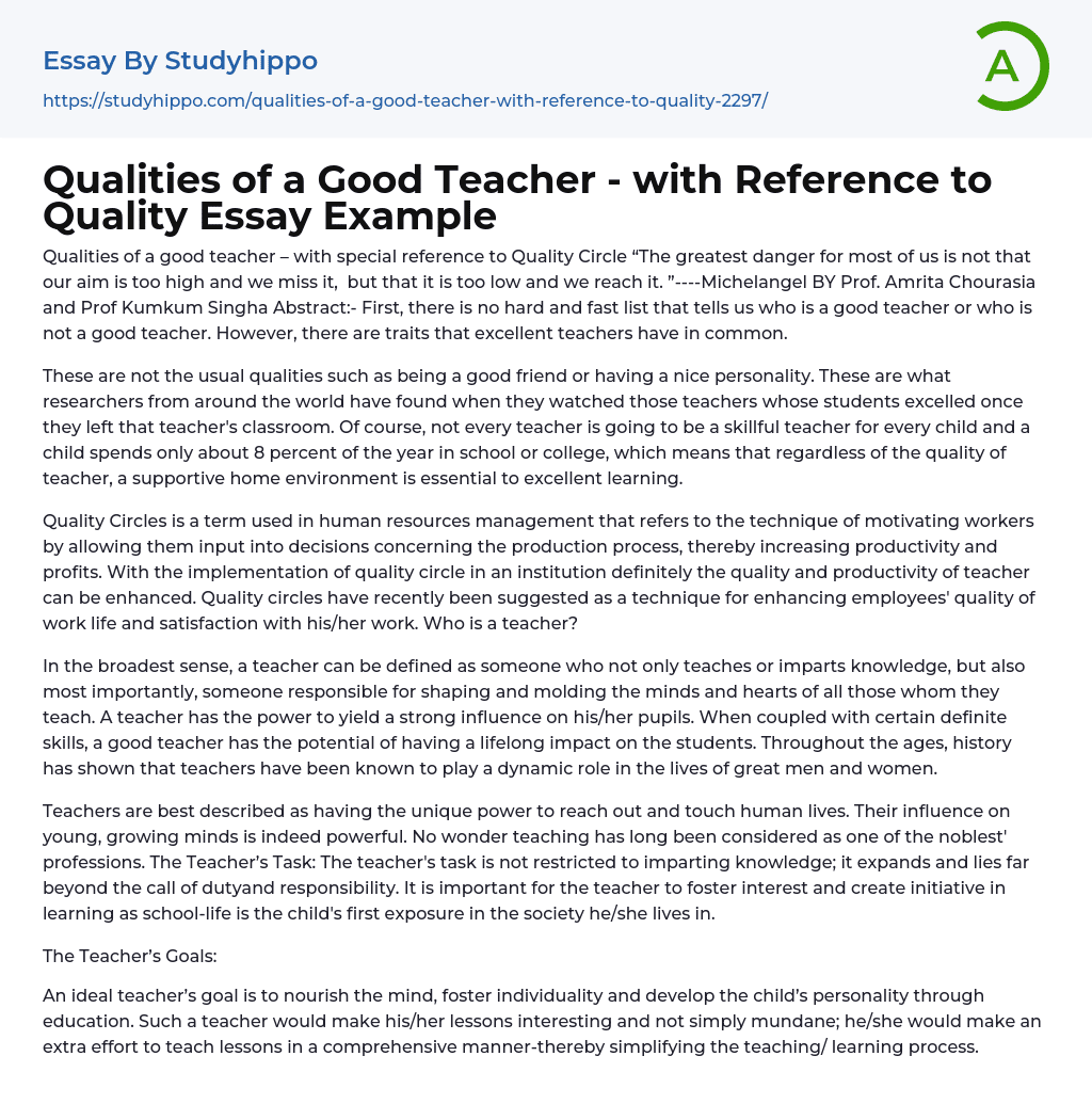 Qualities of a Good Teacher – with Reference to Quality Essay Example