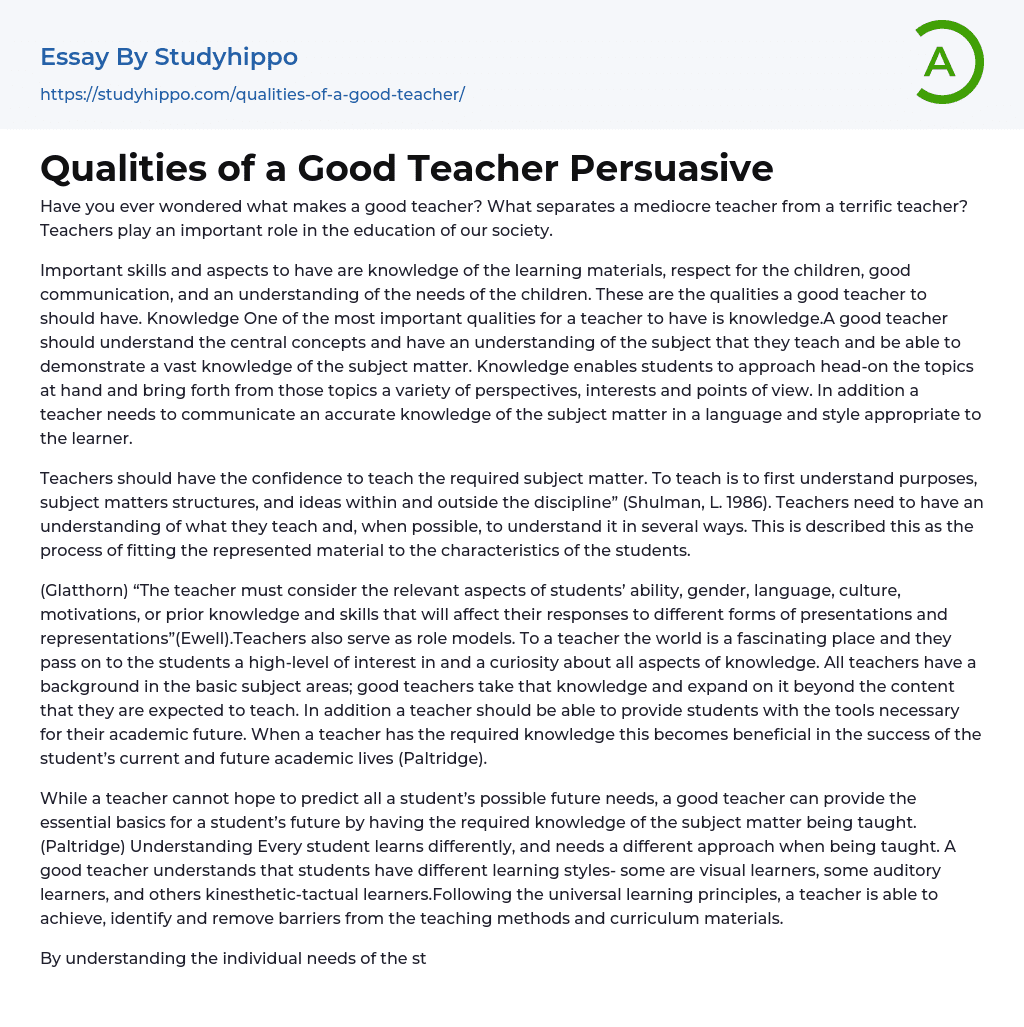 Qualities of a Good Teacher Persuasive Essay Example