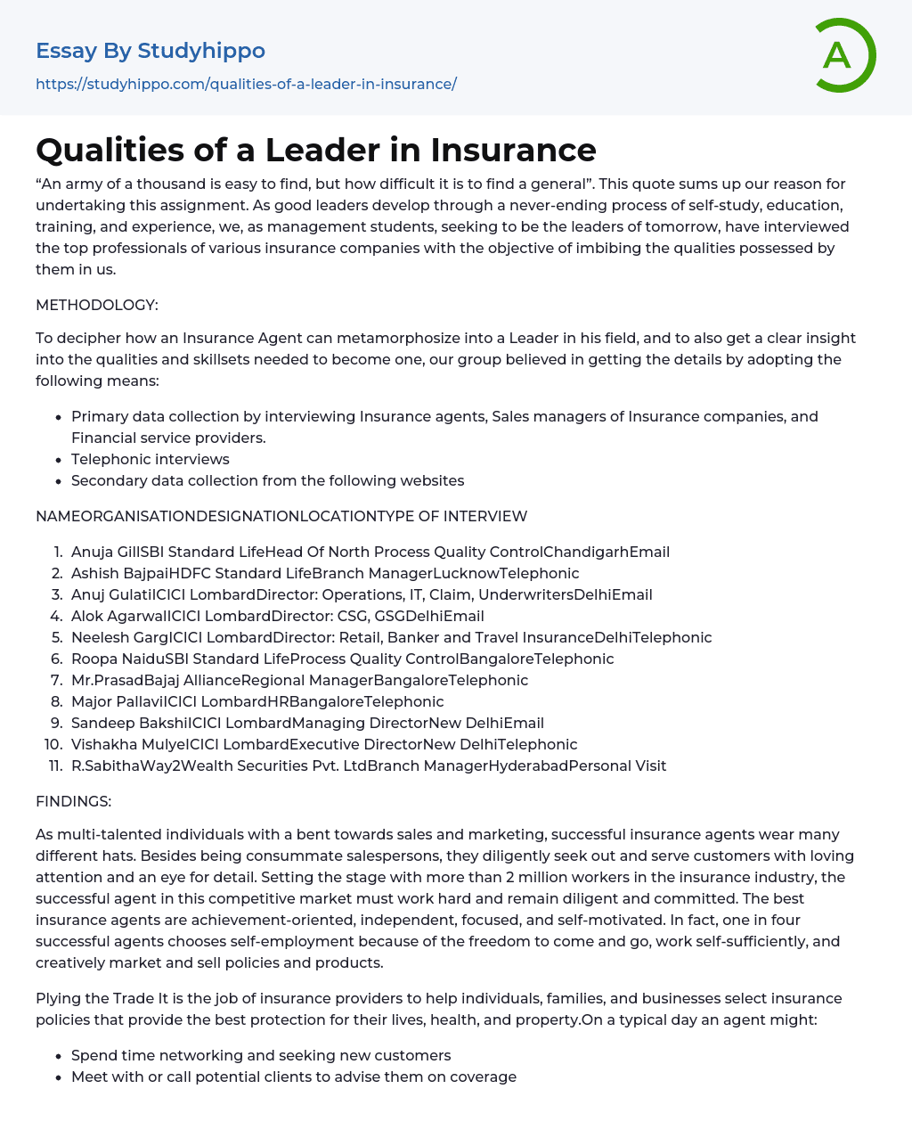 Qualities of a Leader in Insurance Essay Example