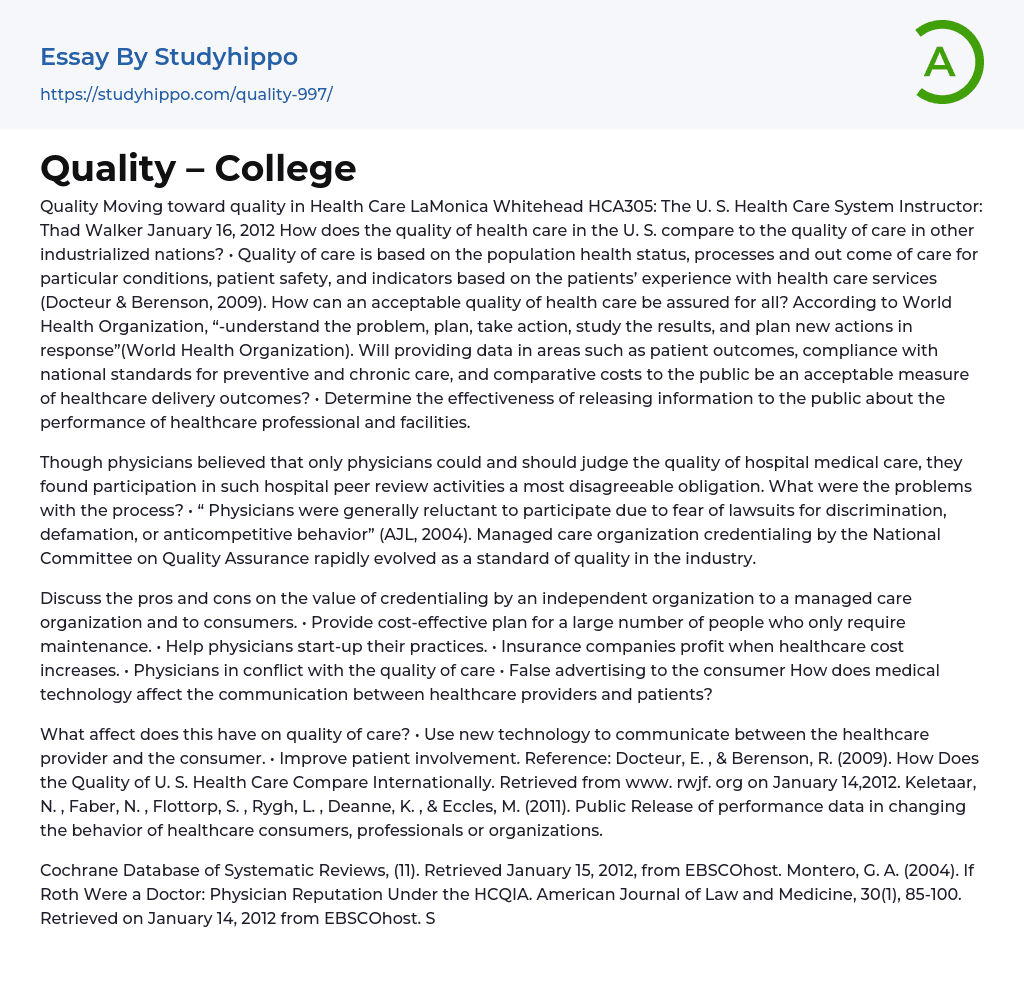 Quality – College Essay Example
