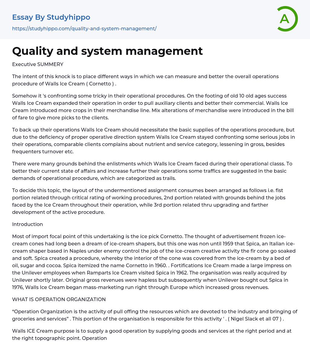 Quality and system management Essay Example