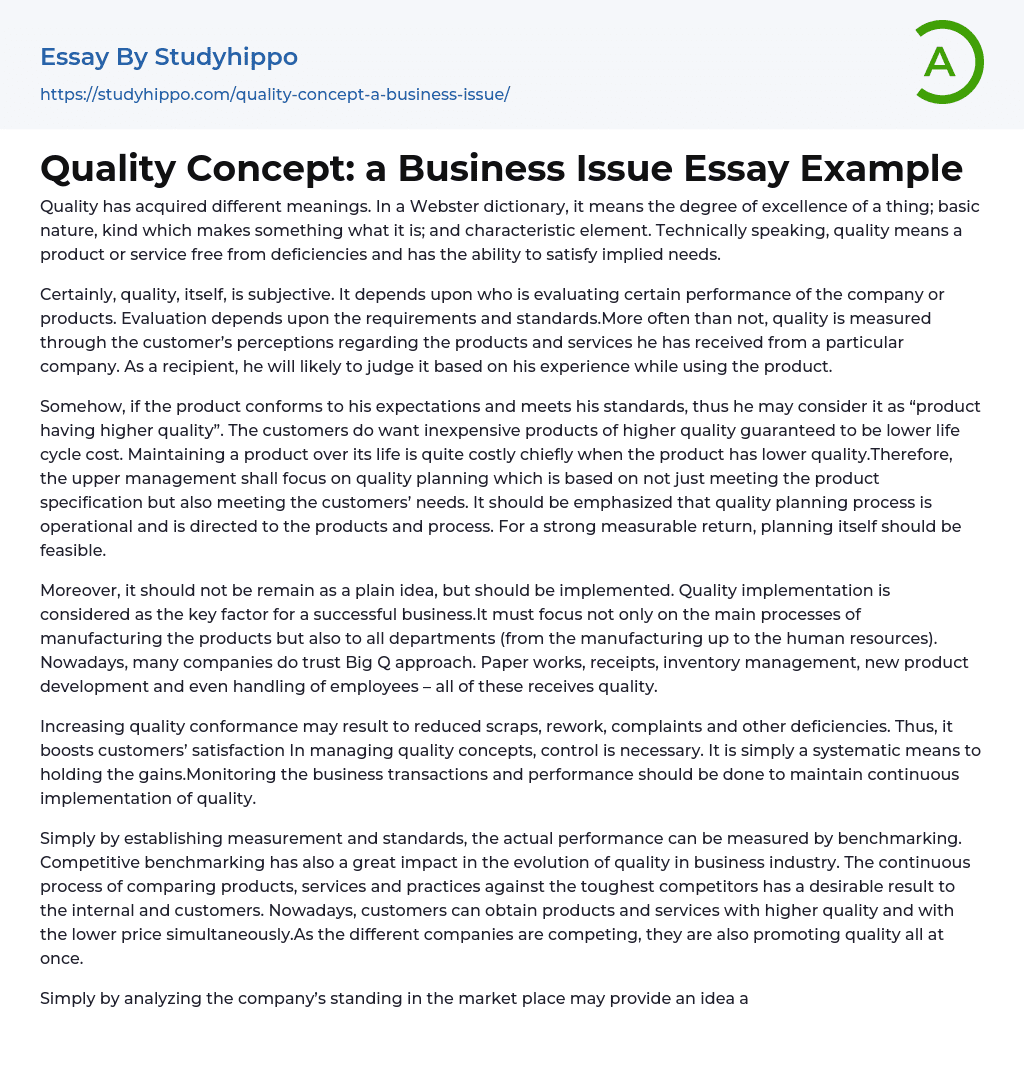 Quality Concept: a Business Issue Essay Example