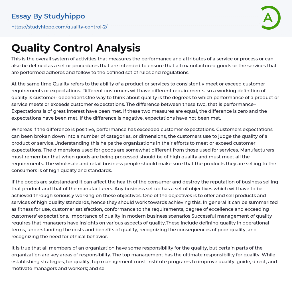 Quality Control Analysis Essay Example