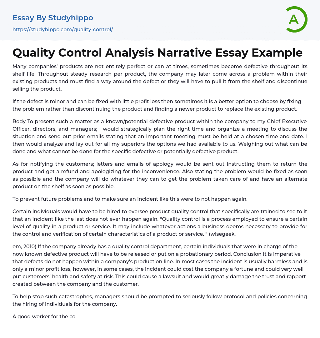 Quality Control Analysis Narrative Essay Example