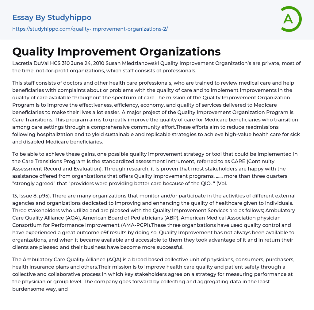 Quality Improvement Organizations Essay Example