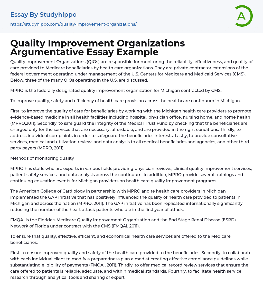 Quality Improvement Organizations Argumentative Essay Example