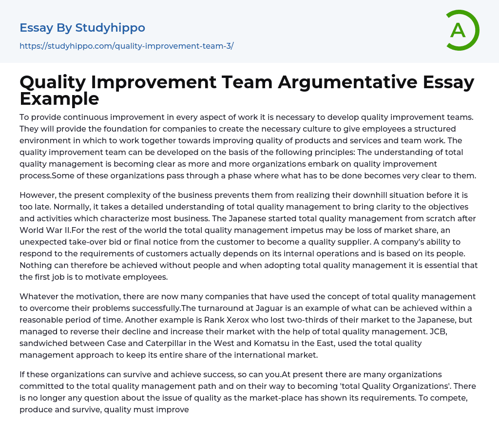 Quality Improvement Team Argumentative Essay Example
