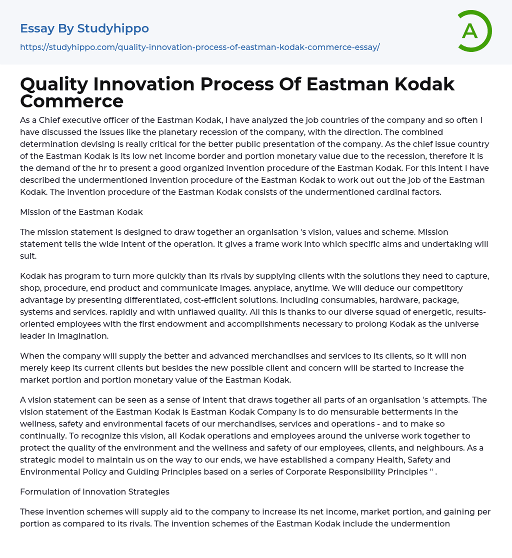 Quality Innovation Process Of Eastman Kodak Commerce Essay Example