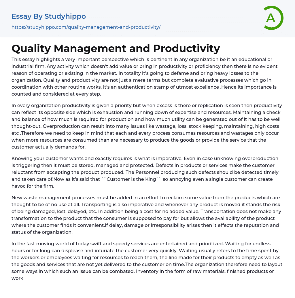 Quality Management and Productivity Essay Example