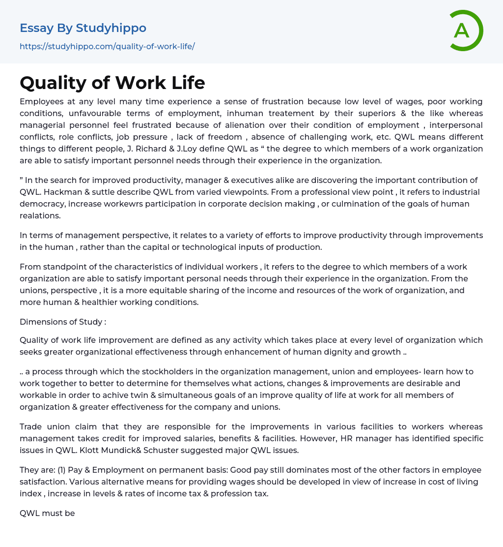 Quality of Work Life Essay Example
