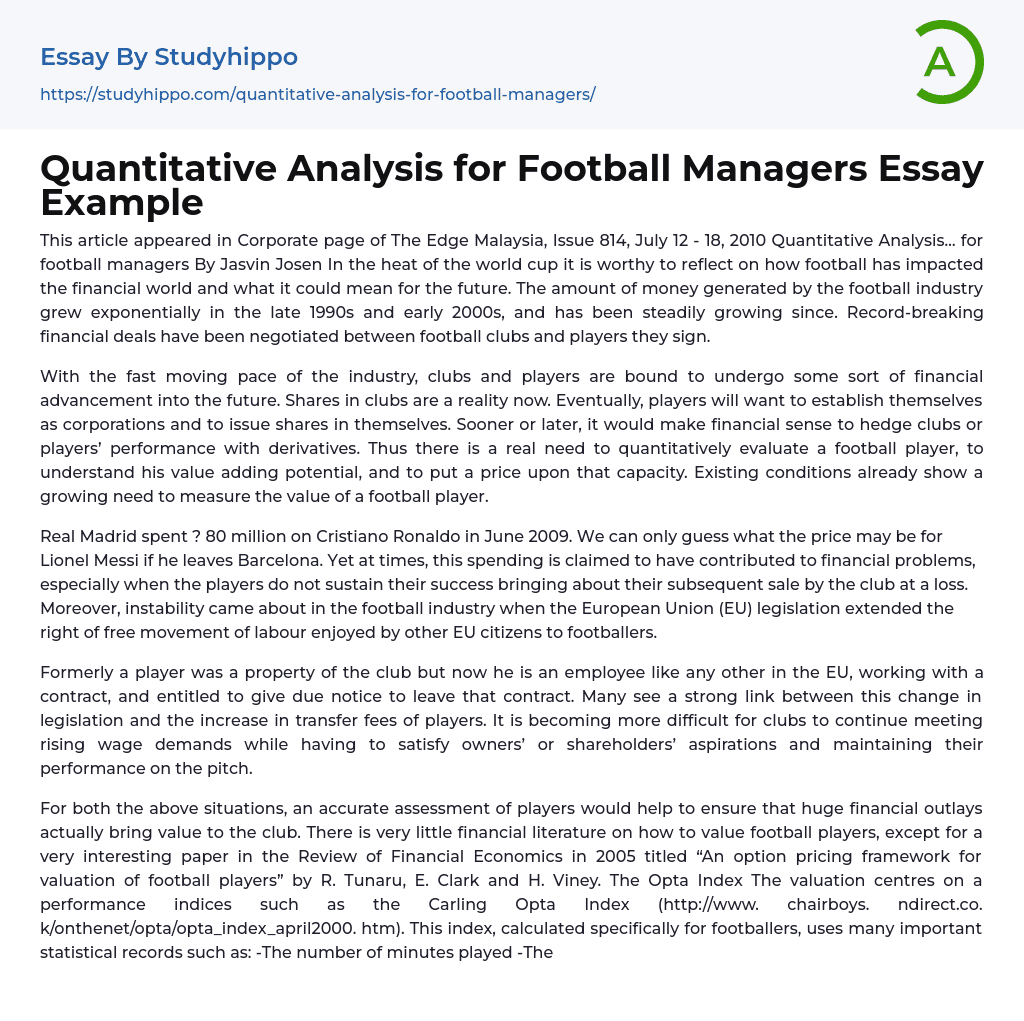 Quantitative Analysis for Football Managers Essay Example