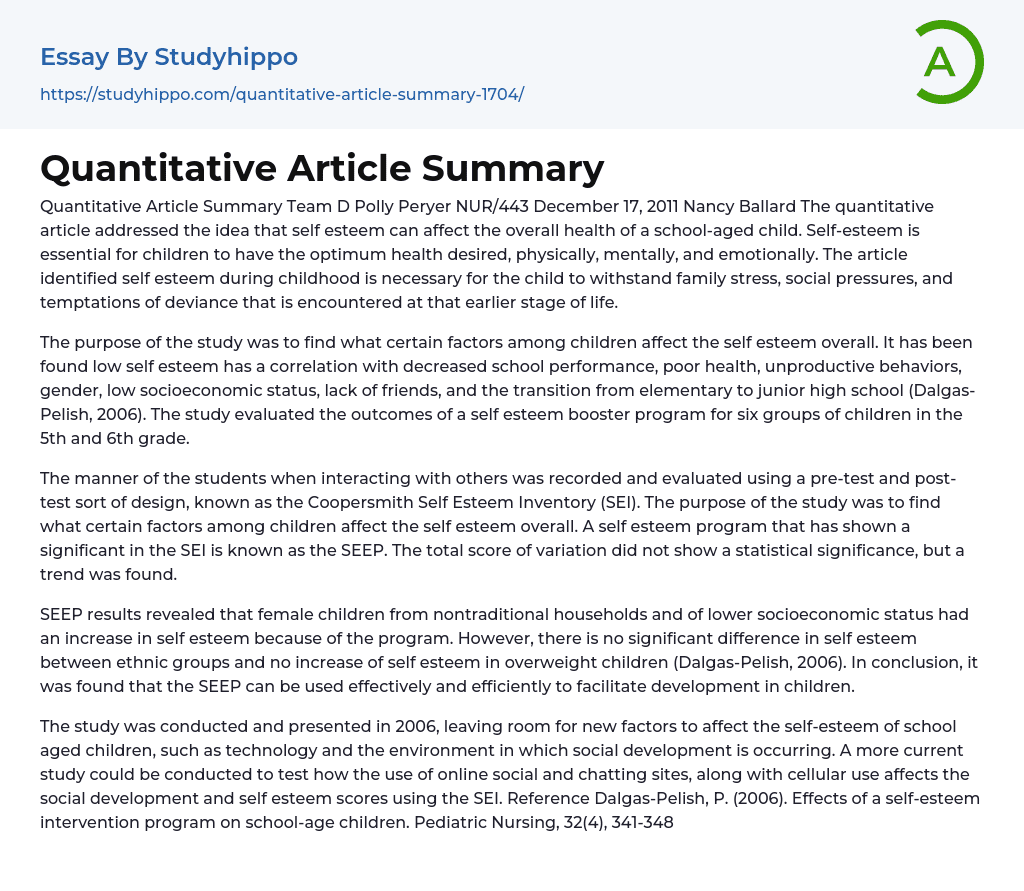Quantitative Article Summary Essay Example