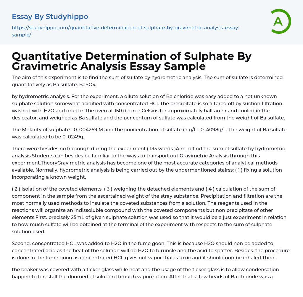 Quantitative Determination of Sulphate By Gravimetric Analysis Essay Sample