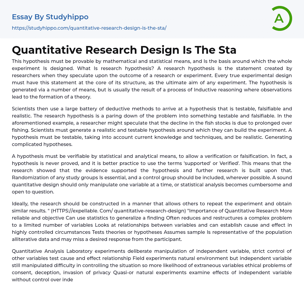 Quantitative Research Design Is The Sta Essay Example