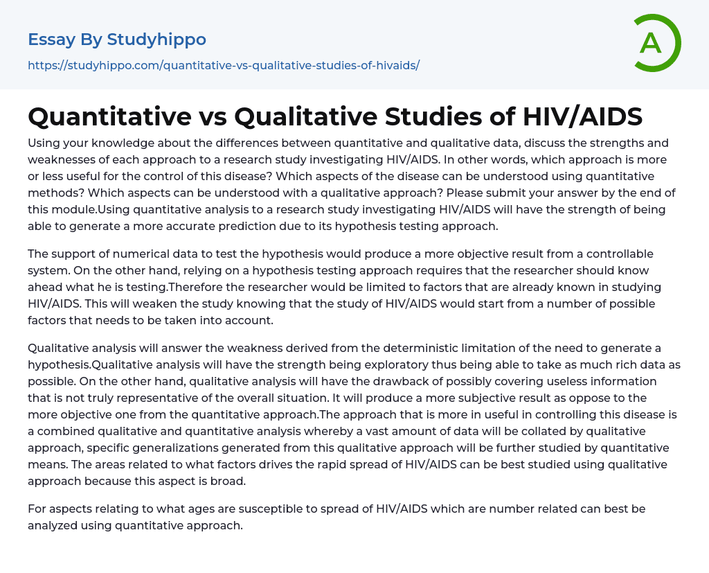 Quantitative vs Qualitative Studies of HIV/AIDS Essay Example