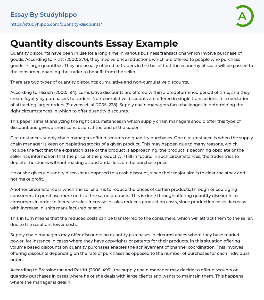 Quantity discounts Essay Example