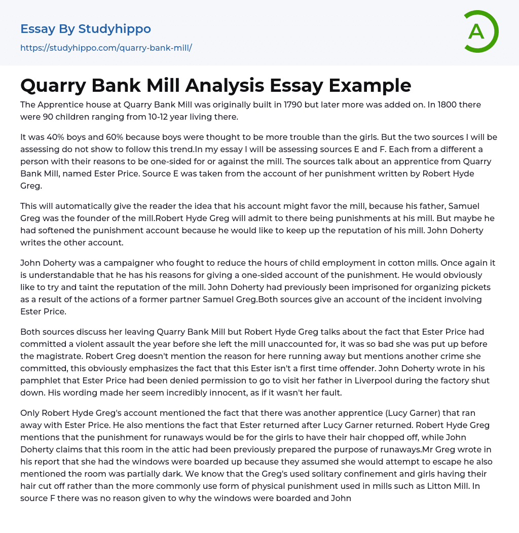 Quarry Bank Mill Analysis Essay Example