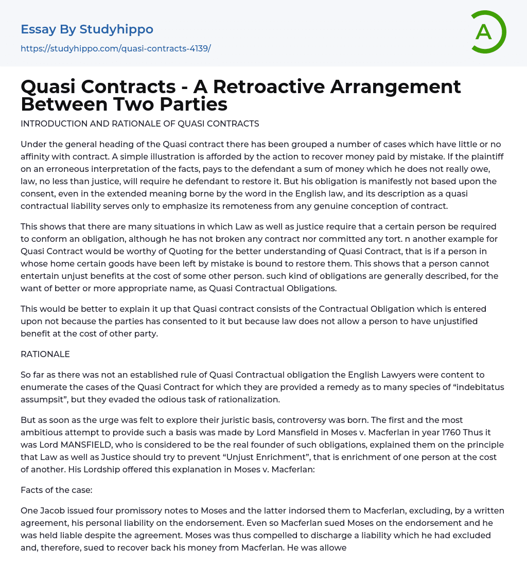 Quasi Contracts – A Retroactive Arrangement Between Two Parties Essay Example