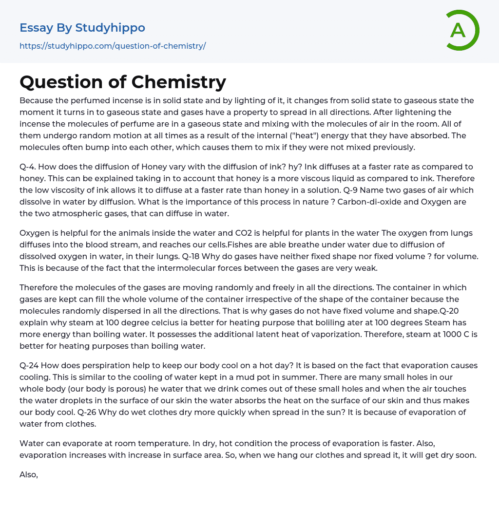 Question of Chemistry Essay Example