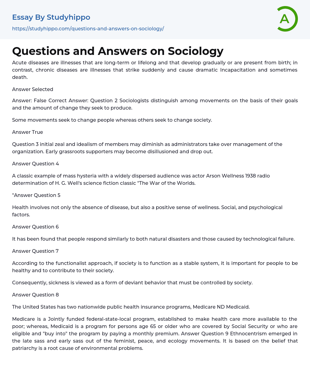 Questions and Answers on Sociology Essay Example