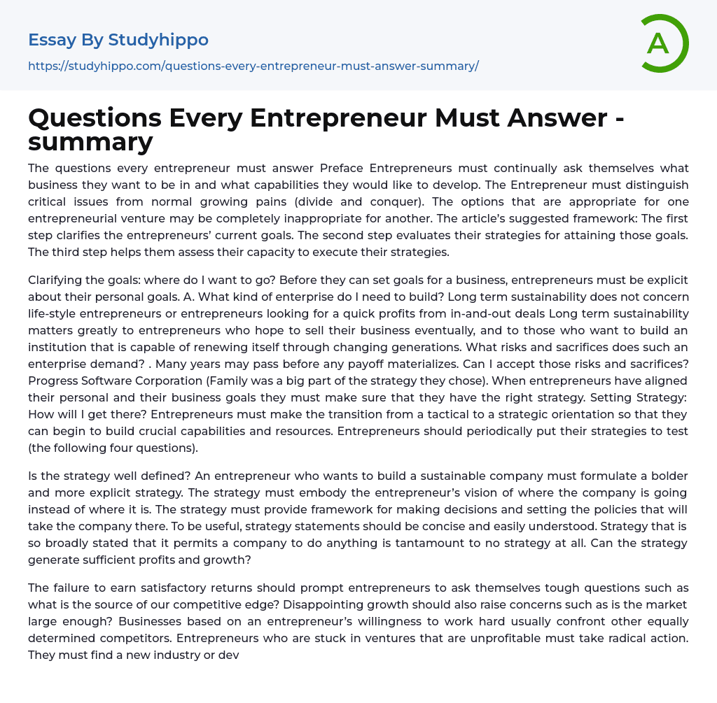 Questions Every Entrepreneur Must Answer -summary Essay Example