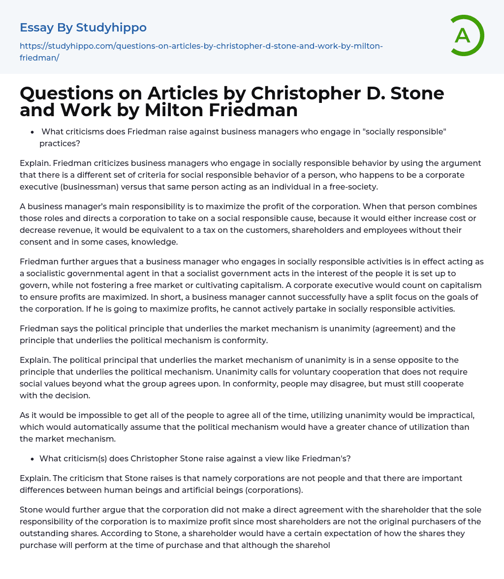 Questions on Articles by Christopher D. Stone and Work by Milton Friedman Essay Example