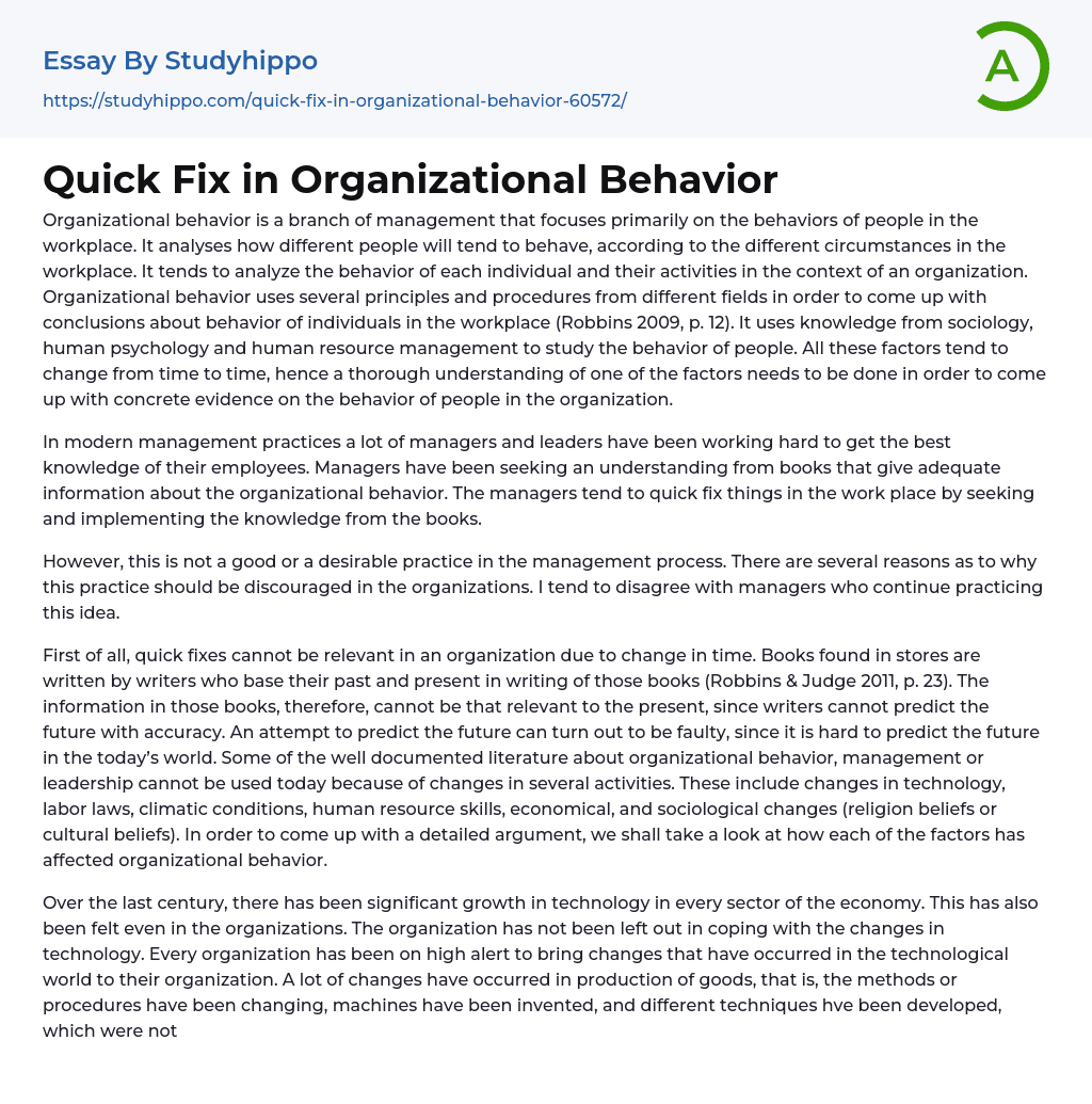 Quick Fix in Organizational Behavior Essay Example